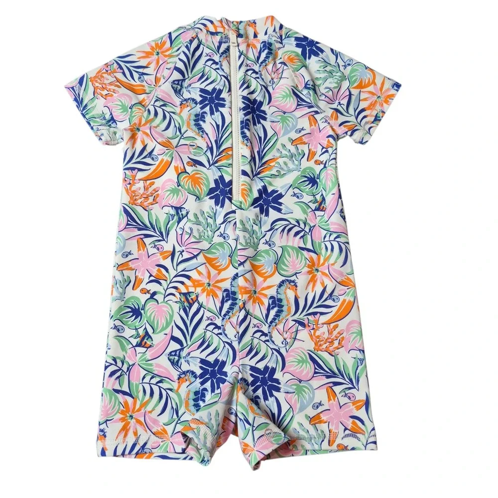 Ralph Lauren‎ Unisex 18-24M One Piece Rash Guard Swimsuit Tropical Zip Front NWT